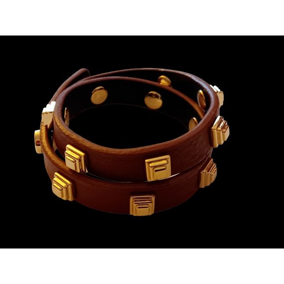 Tory Burch Brown Leather Gold Tone Studded 15.5" Long Wrap Bracelet - Picture 6 of 8